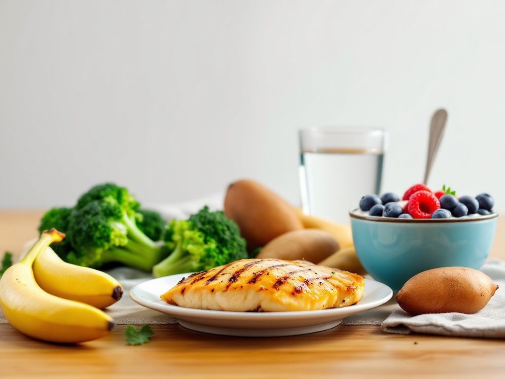A photorealistic shot capturing a vibrant spread of post-workout foods on a plain wooden table. The spread includes a grilled chicken breast, a sweet potato, steamed broccoli, a bowl of Greek yogurt with berries, a banana, and a glass of water. The lighting is bright and natural, emphasizing the fresh and nutritious appearance of the foods.