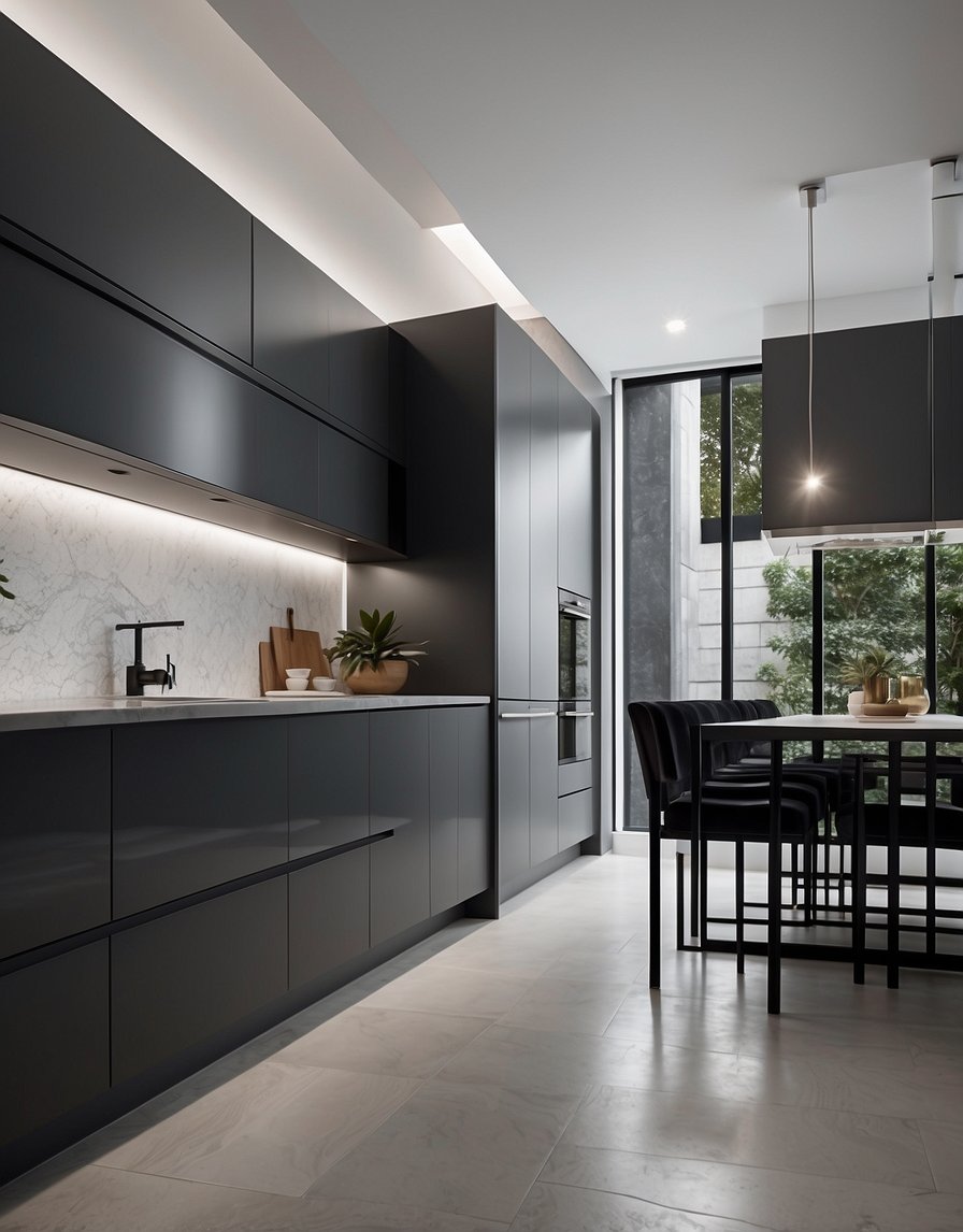 The ashen chic 32 dark gray kitchen cabinets stand against a white wall, with sleek silver handles and a glossy finish