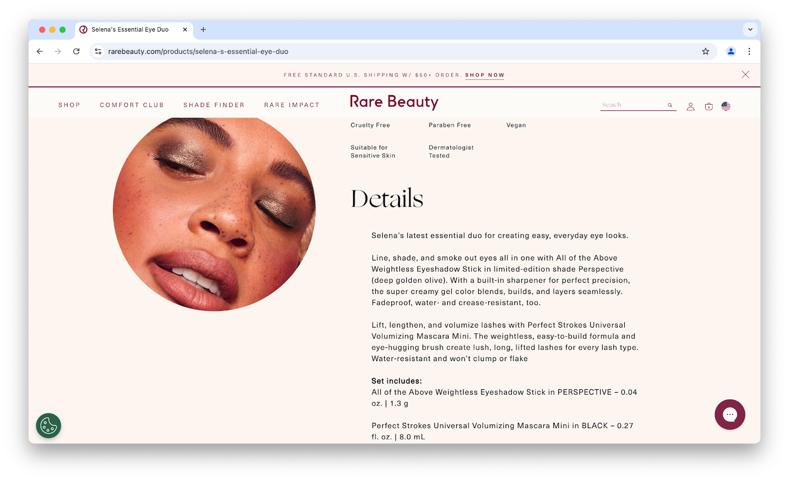 Image of Rare Beauty's shade page with the product details.