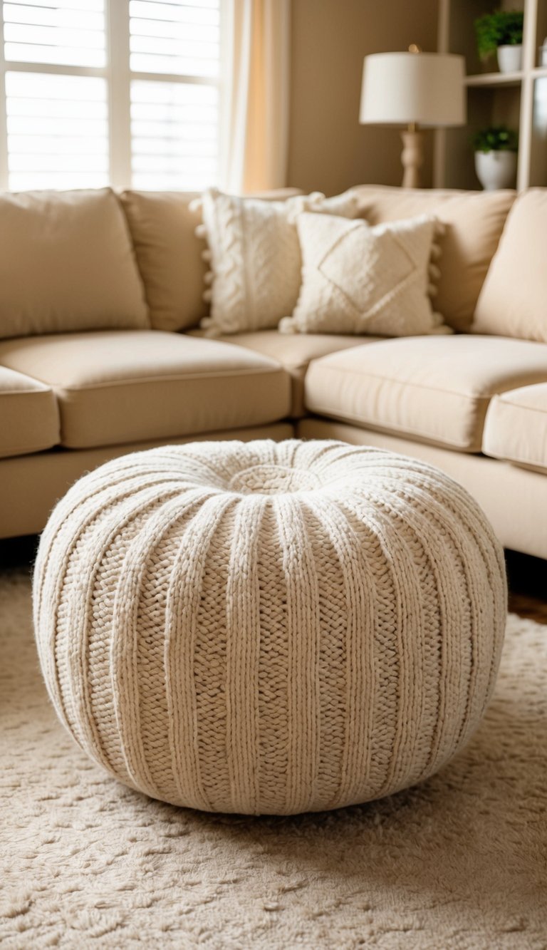 A cozy beige cable-knit pouffe sits in the center of a warm, inviting living room with beige accents and decor