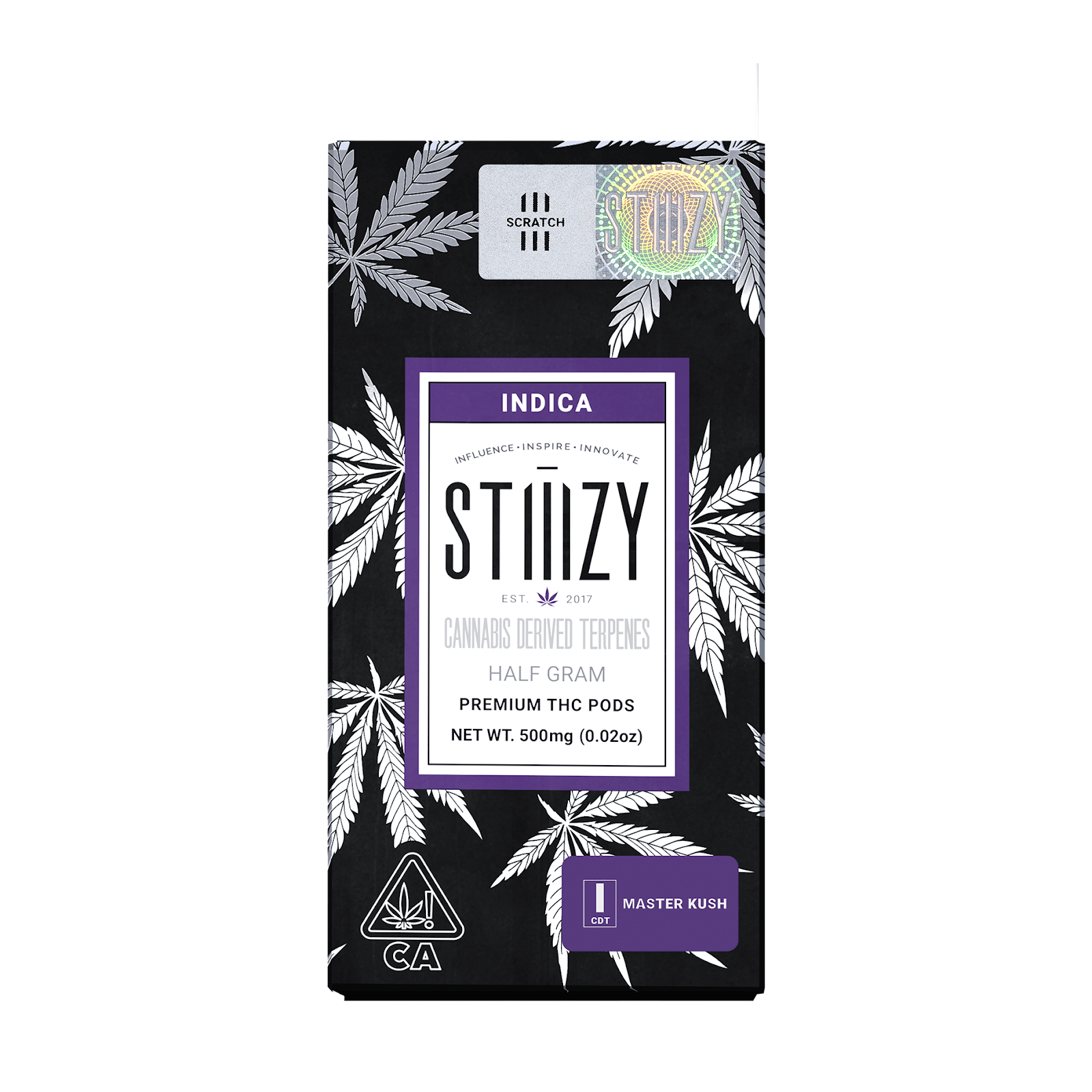 STIIIZY Master Kush cannabis-derived terpene pod packaging for indica, featuring a sleek black design with white cannabis leaf patterns, a purple label, and text highlighting premium THC pods in a half-gram format.