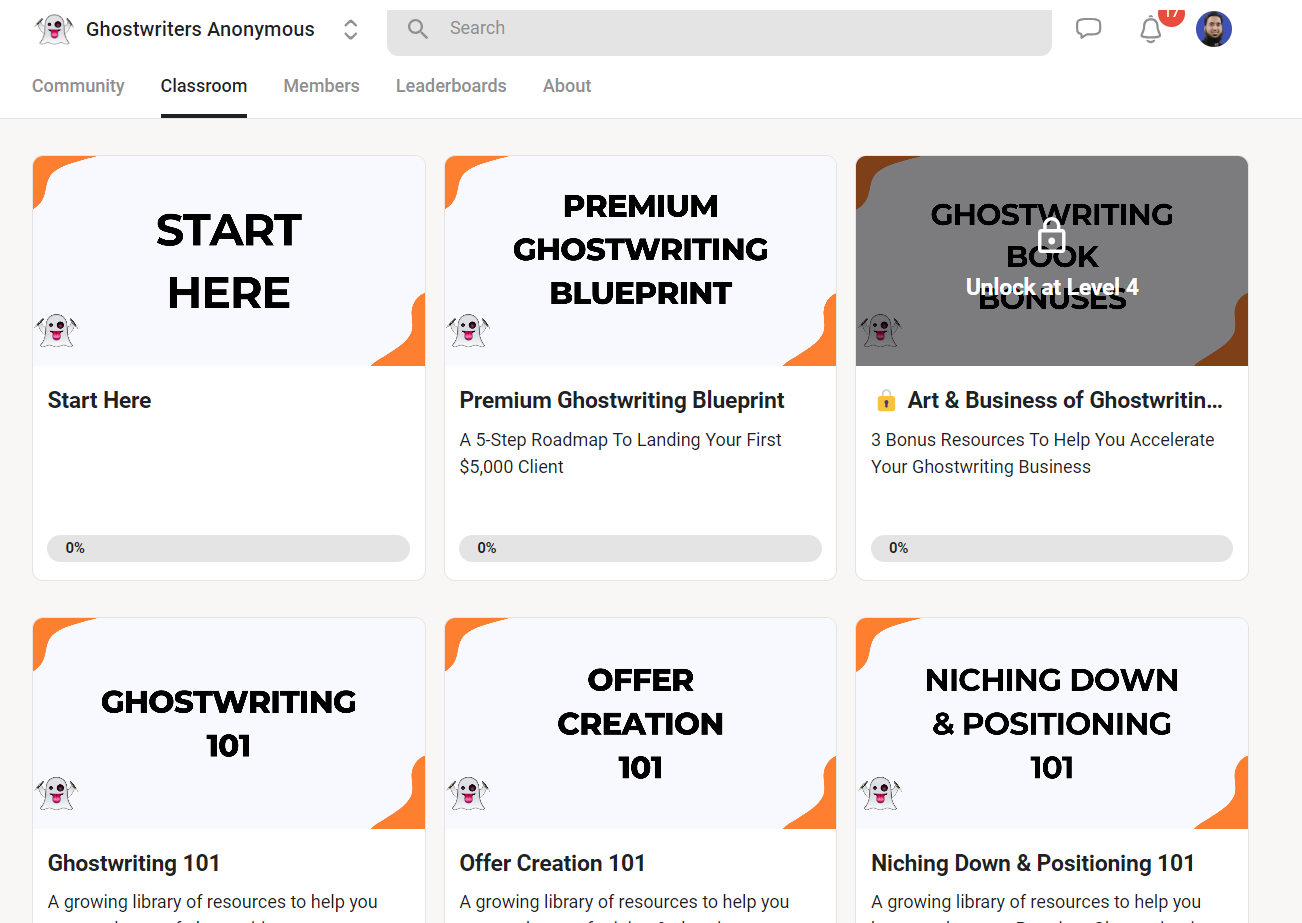 Ghostwriters Anonymous classroom page with library resources shown