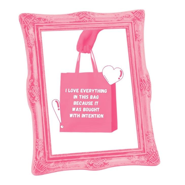 A pink picture frame with a hand holding a bag

Description automatically generated