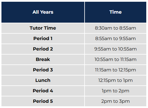 Timings of the School Day Table