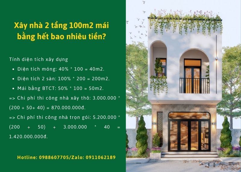 Xây nhà 2 tầng 100m2 mái bằng hết bao nhiêu tiền Xây dựng Nhất Tín