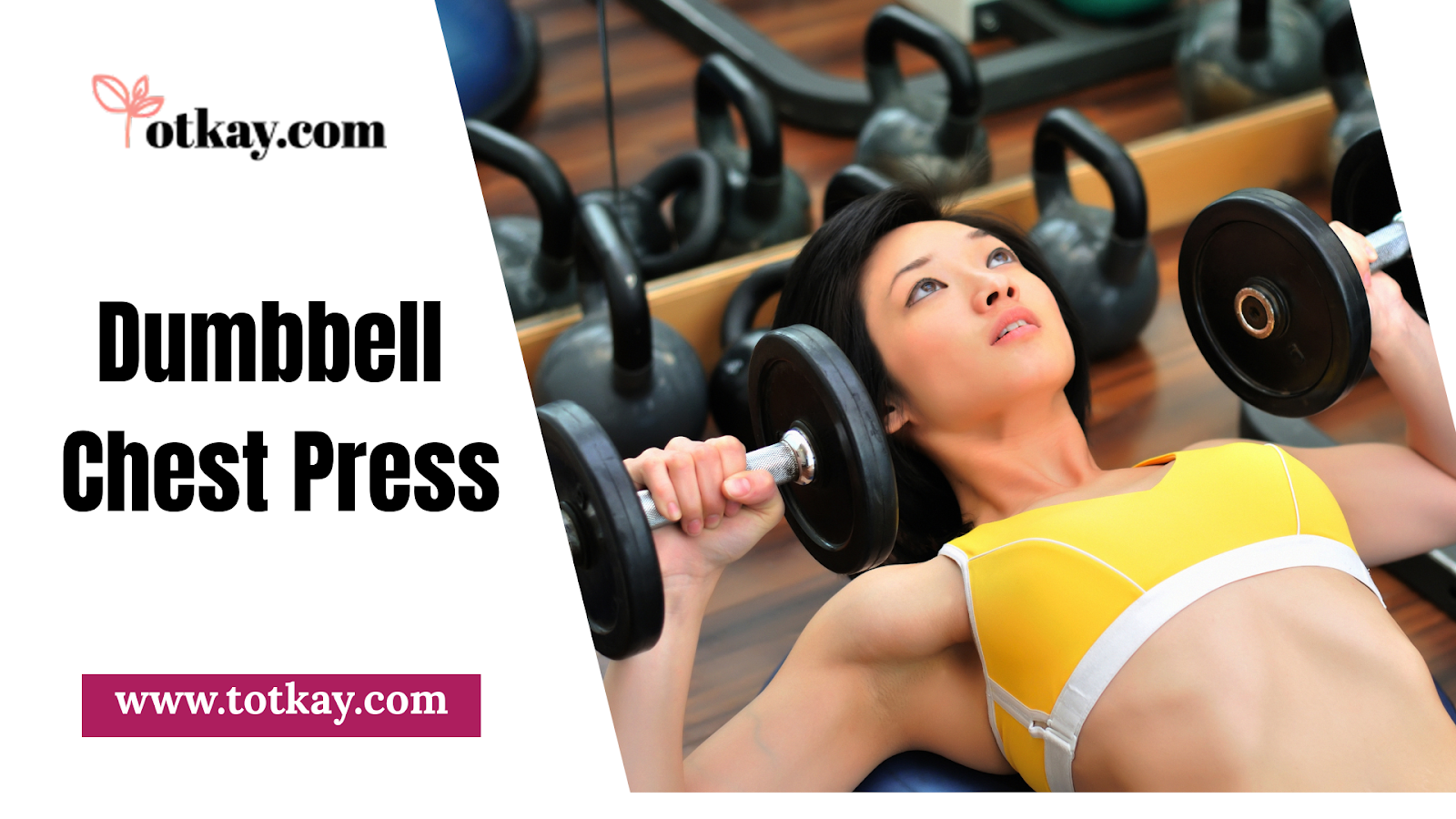 A woman in a yellow sports bra performs a dumbbell chest press in a gym. 