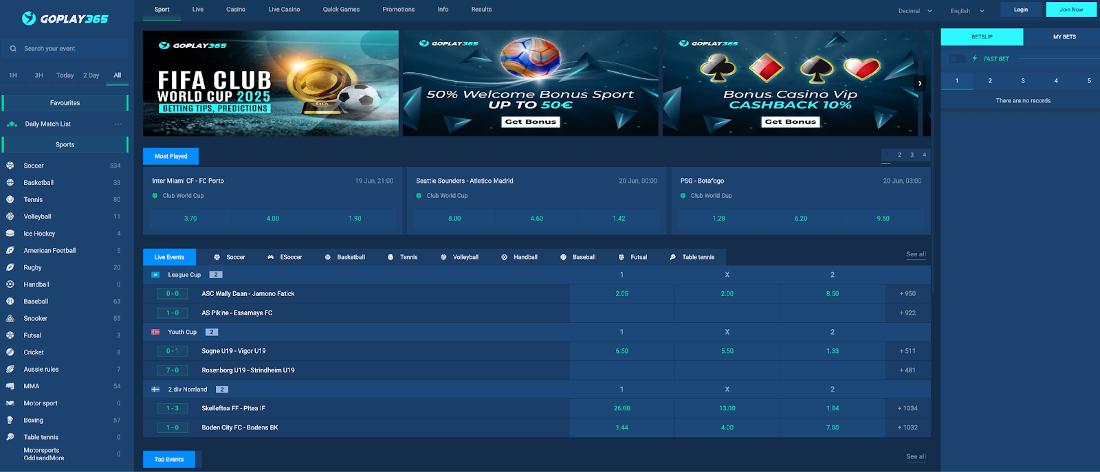 GoPlay365 Sportsbook Homepage