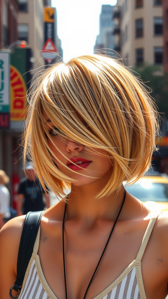 A woman with an asymmetrical bob hairstyle featuring highlights, standing on a city street
