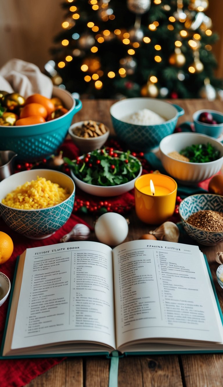 A festive table with open recipe book, surrounded by ingredients and kitchen utensils