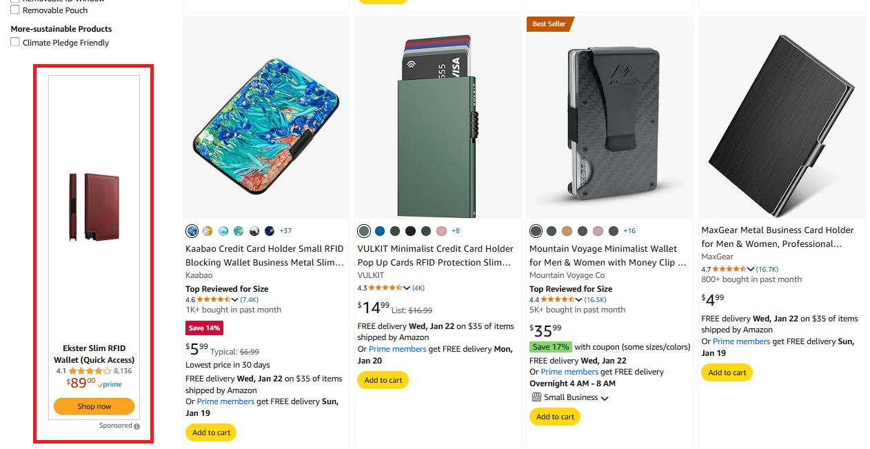 Amazon search result page with sponsored display ads example