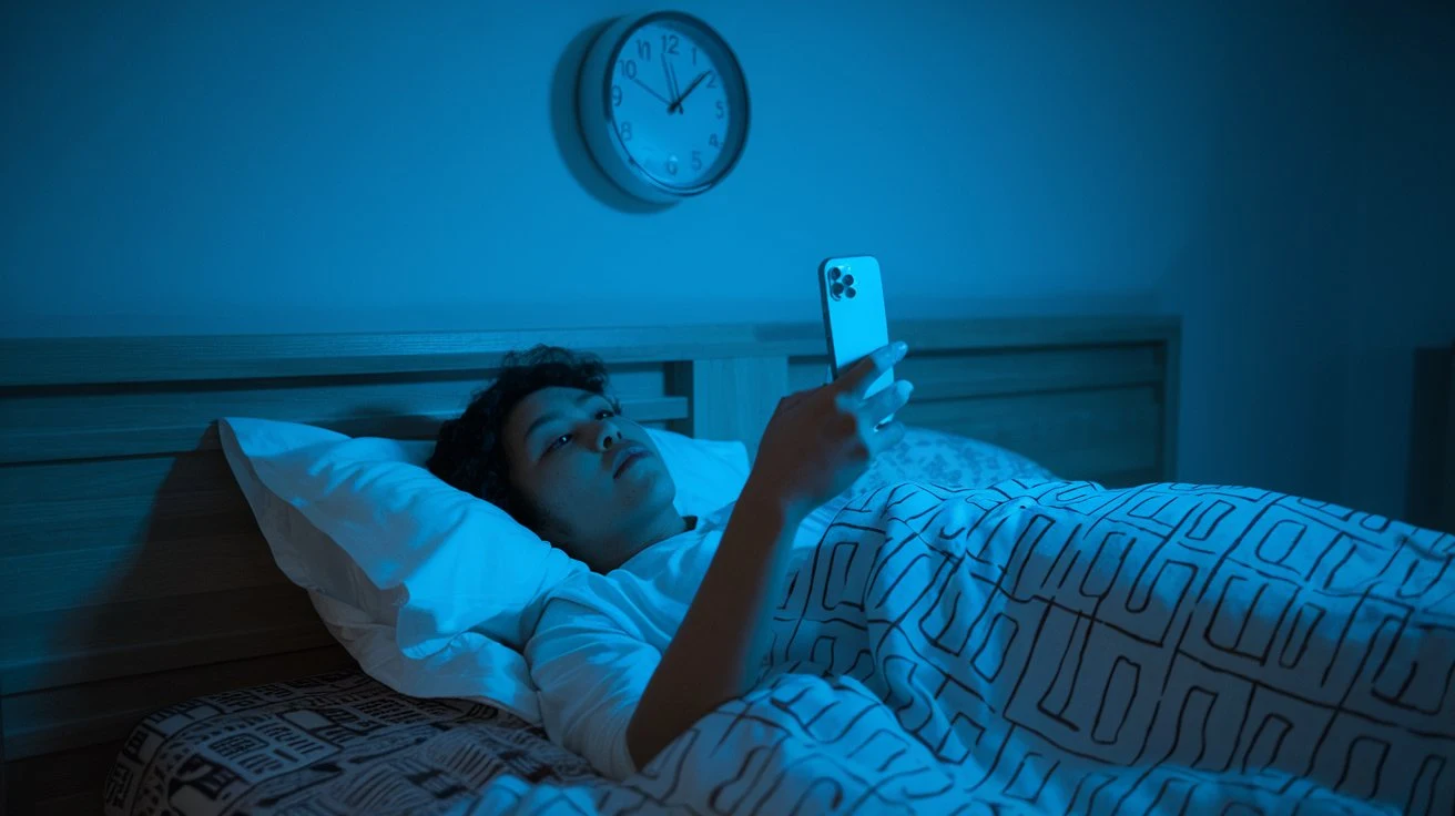 A person using a smartphone in bed, with a blue light filter and a clock showing late at night.