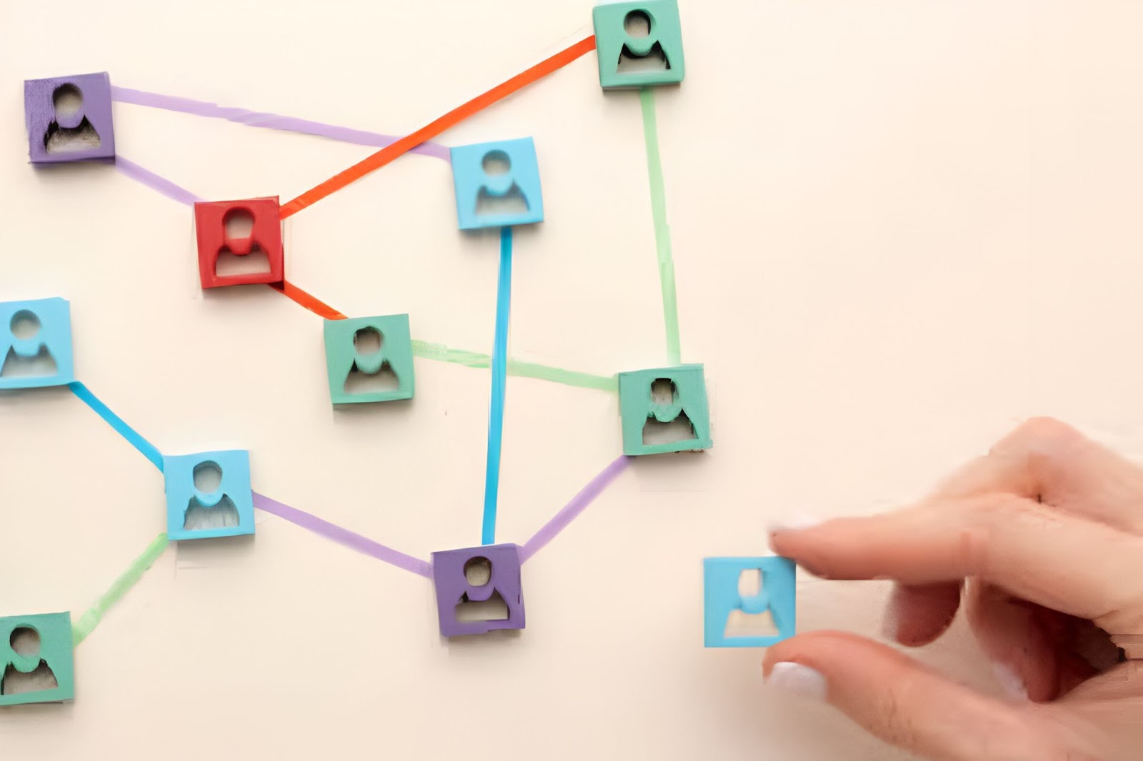 Visual representation of a connected network with linked icons, showing user connections and relationships.