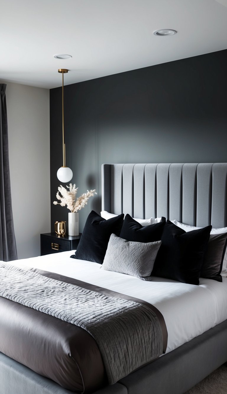 A luxurious gray velvet headboard in a contemporary black and gray bedroom