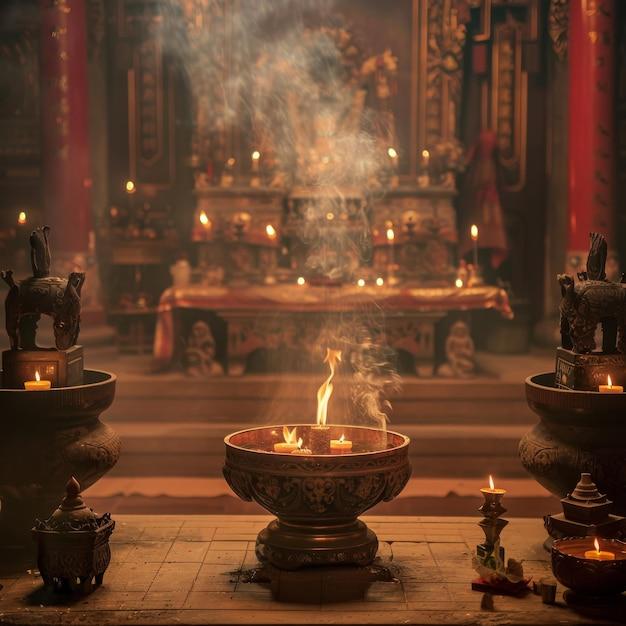 Candles and incense burn in a dimly lit temple creating a mystical and spiritual  atmosphere | Premium AI-generated image