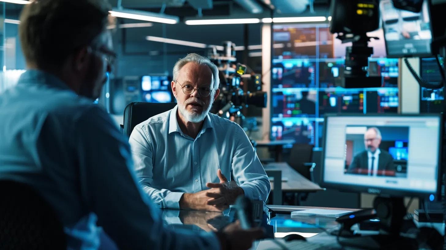 a focused journalist interviewing a poised industry expert in a sleek, modern office, surrounded by digital screens displaying news articles and analytics, capturing the essence of collaboration and media influence.