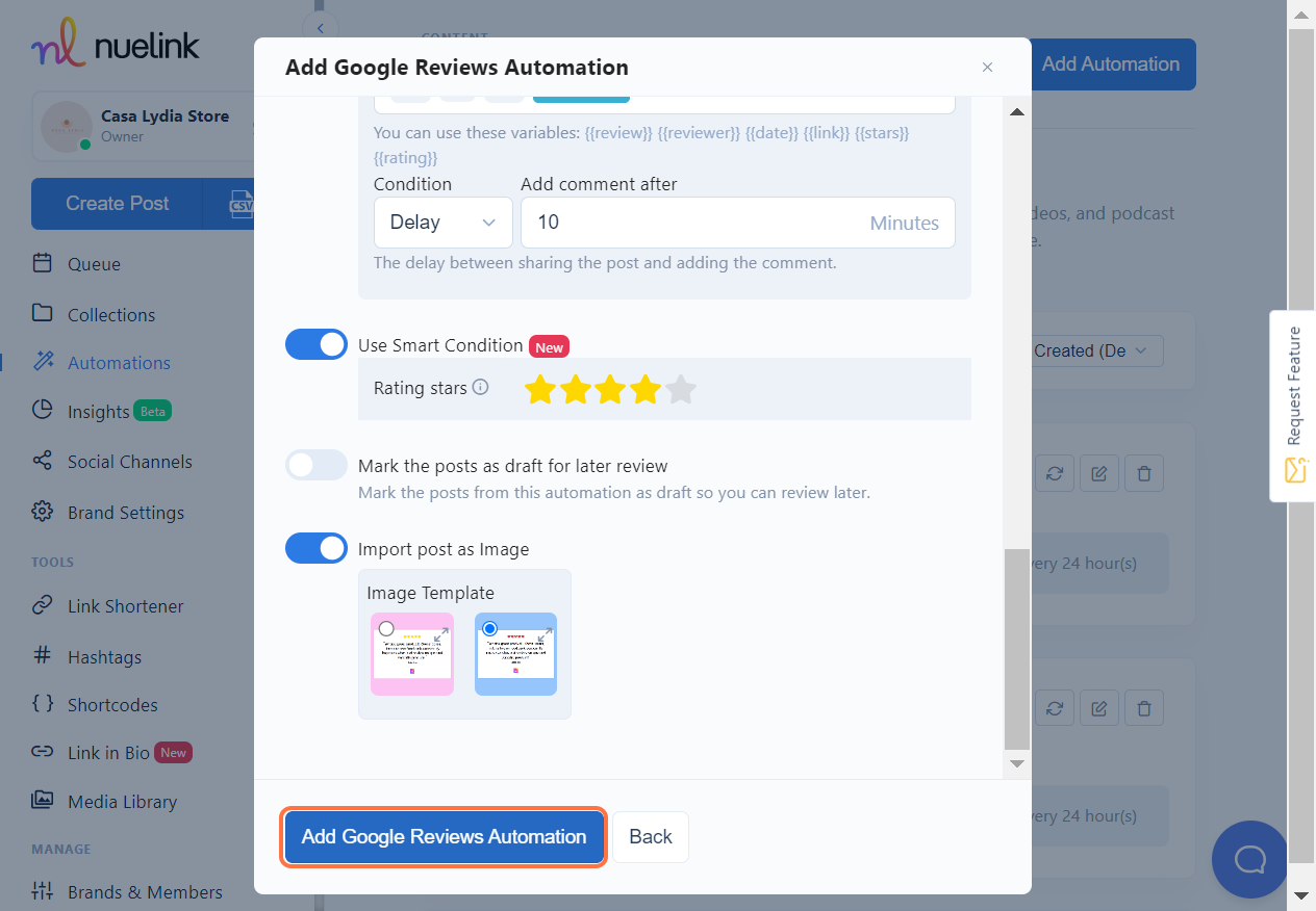 Click on Add Google Reviews Automation