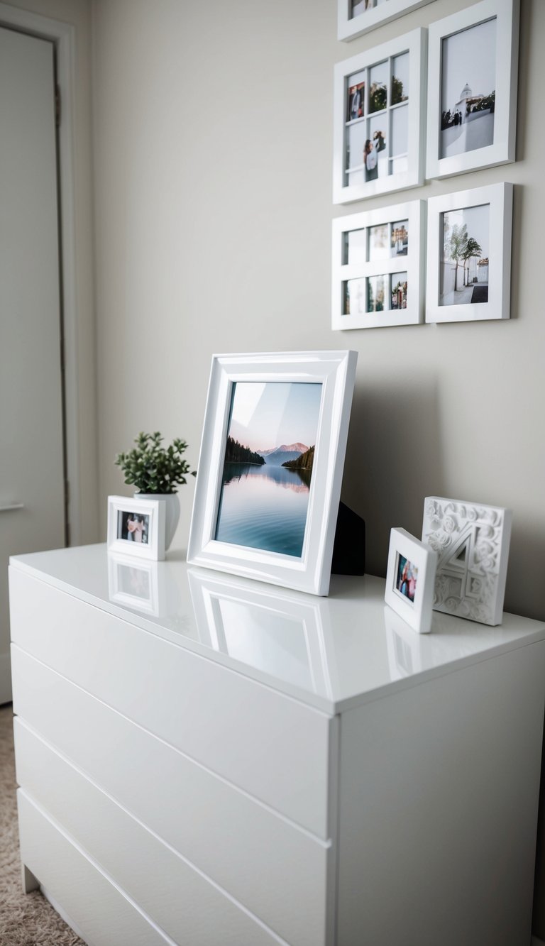 A glossy white photo frame sits on a clean, modern white bedroom dresser surrounded by 24 white decor ideas