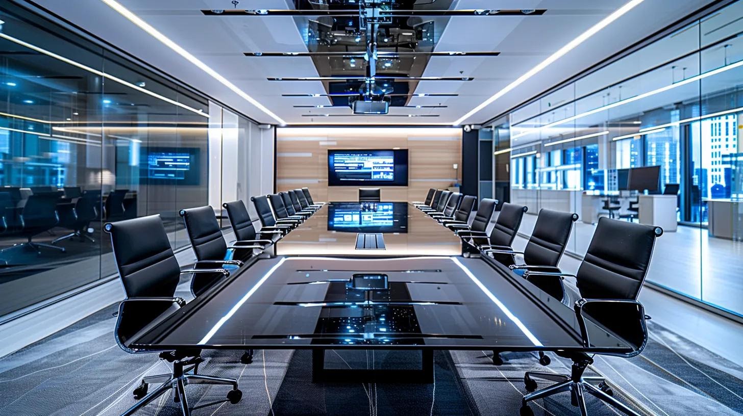 a sleek, modern office workspace features a polished conference table surrounded by ergonomic chairs, illuminated by overhead lights reflecting off the glass walls, showcasing an array of comprehensive tables displayed on digital screens.