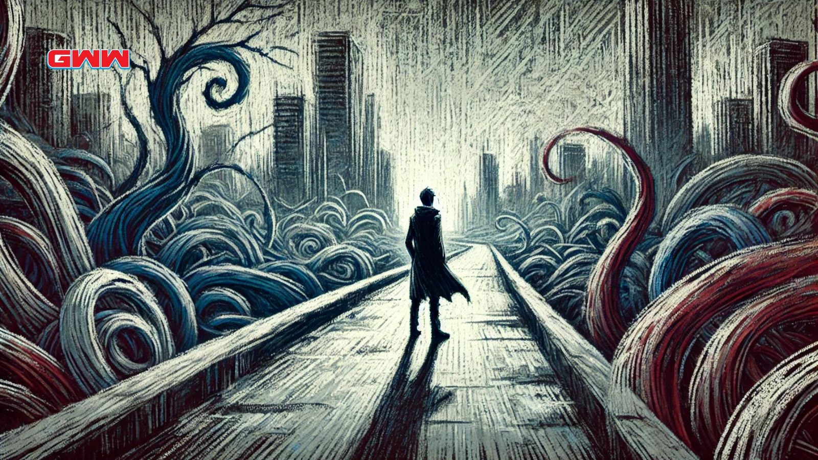 A surreal and contemplative scene inspired by the anime 'Parasyte,' in a crayon-like style but without using crayon texture. 