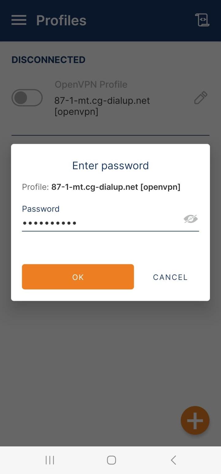 OpenVPN Connect Android app's create password screen.