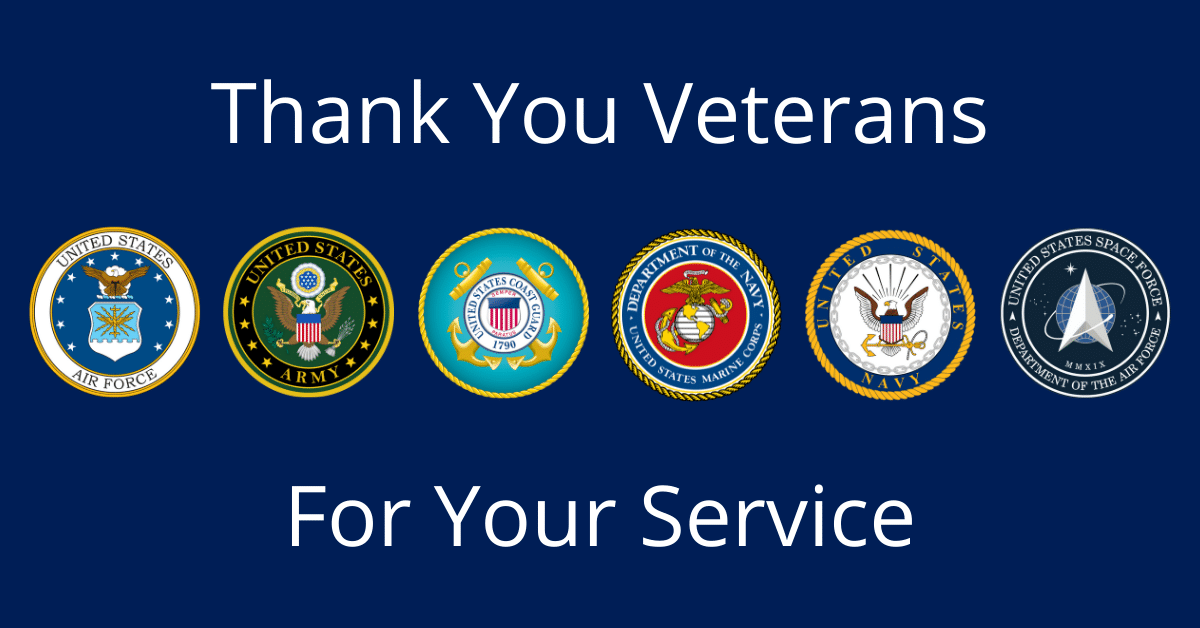 image of all of the armed forces seals with text of Thank you Veterans for your service