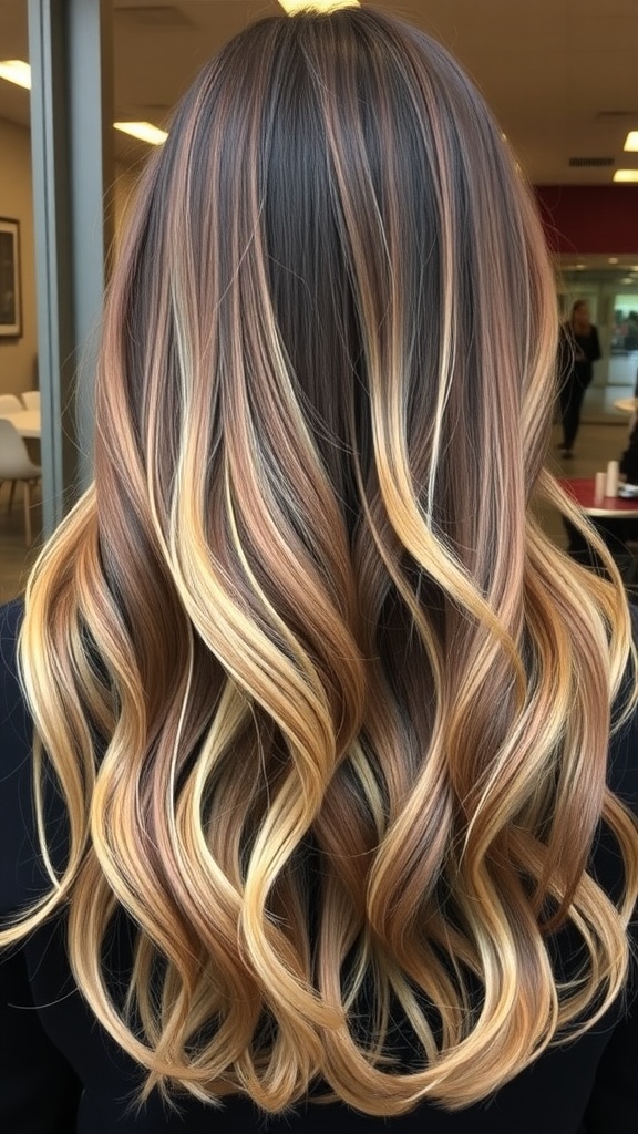 Long hair styled with a subtle ombre effect and soft waves