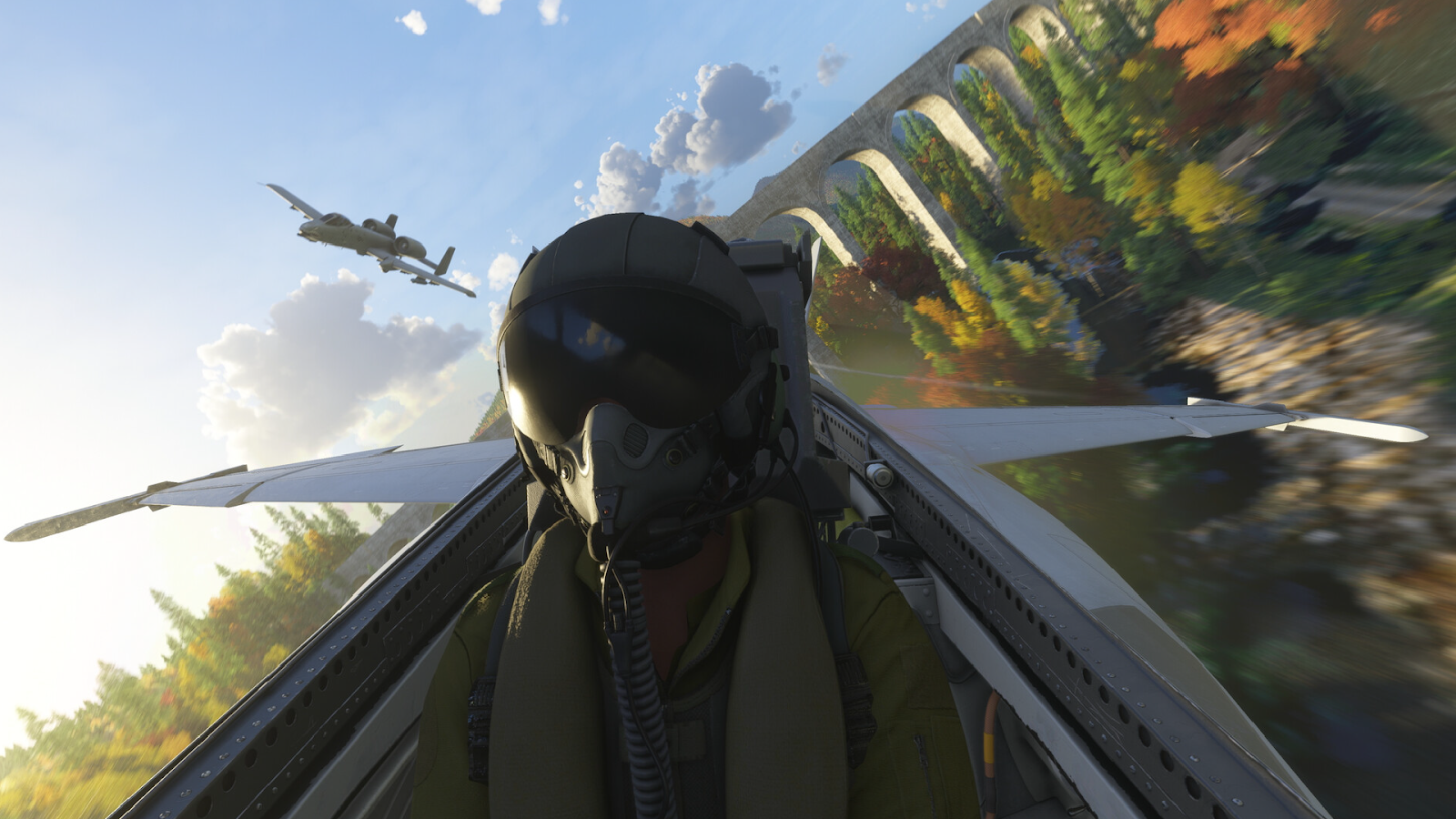Screenshot of a pilot flying a fighter jet in Microsoft Flight Simulator.
