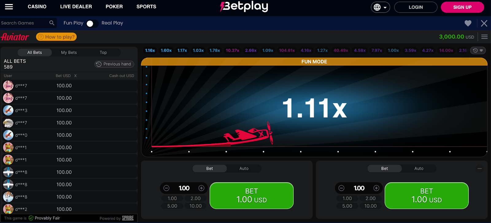 Juego Aviator en Betplay con un multiplicador de 1.11x, perfecto para quienes desean encontrar dónde jugar Aviator en Argentina.