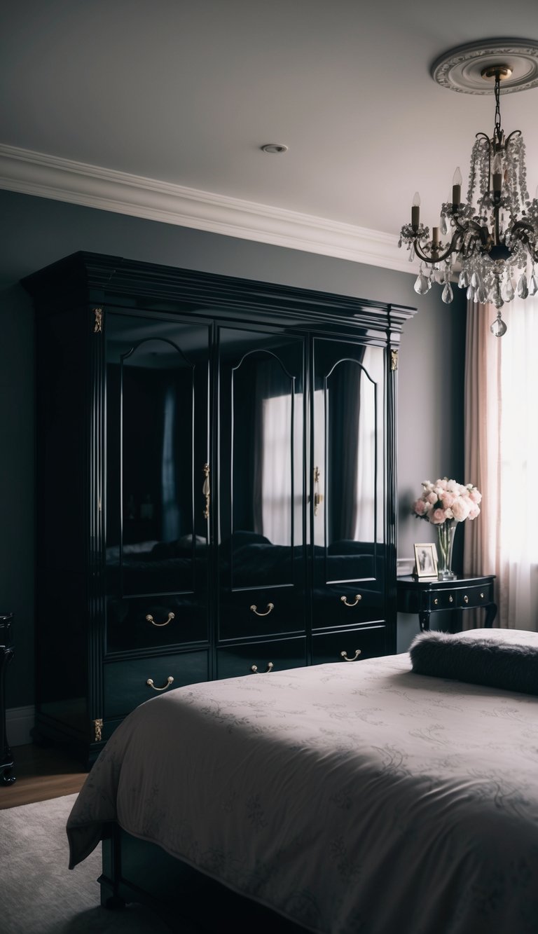 A dark, feminine bedroom with an ebony wardrobe