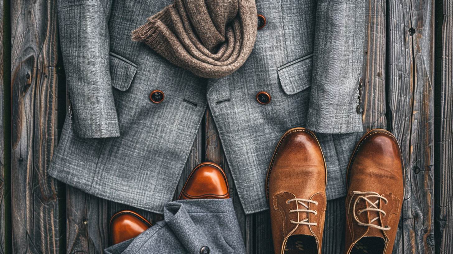 Dress a grey suit and brown shoes for the seasons: For winter, add a grey or camel overcoat and a neutral wool scarf. For summer, keep accessories light and breathable