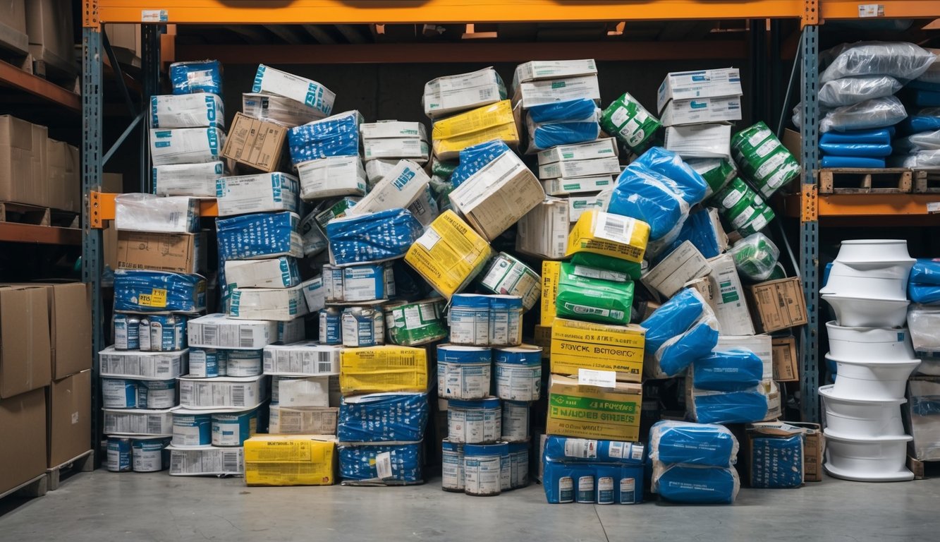 A pile of damaged, expired, and unsellable products stacked in a corner of a warehouse