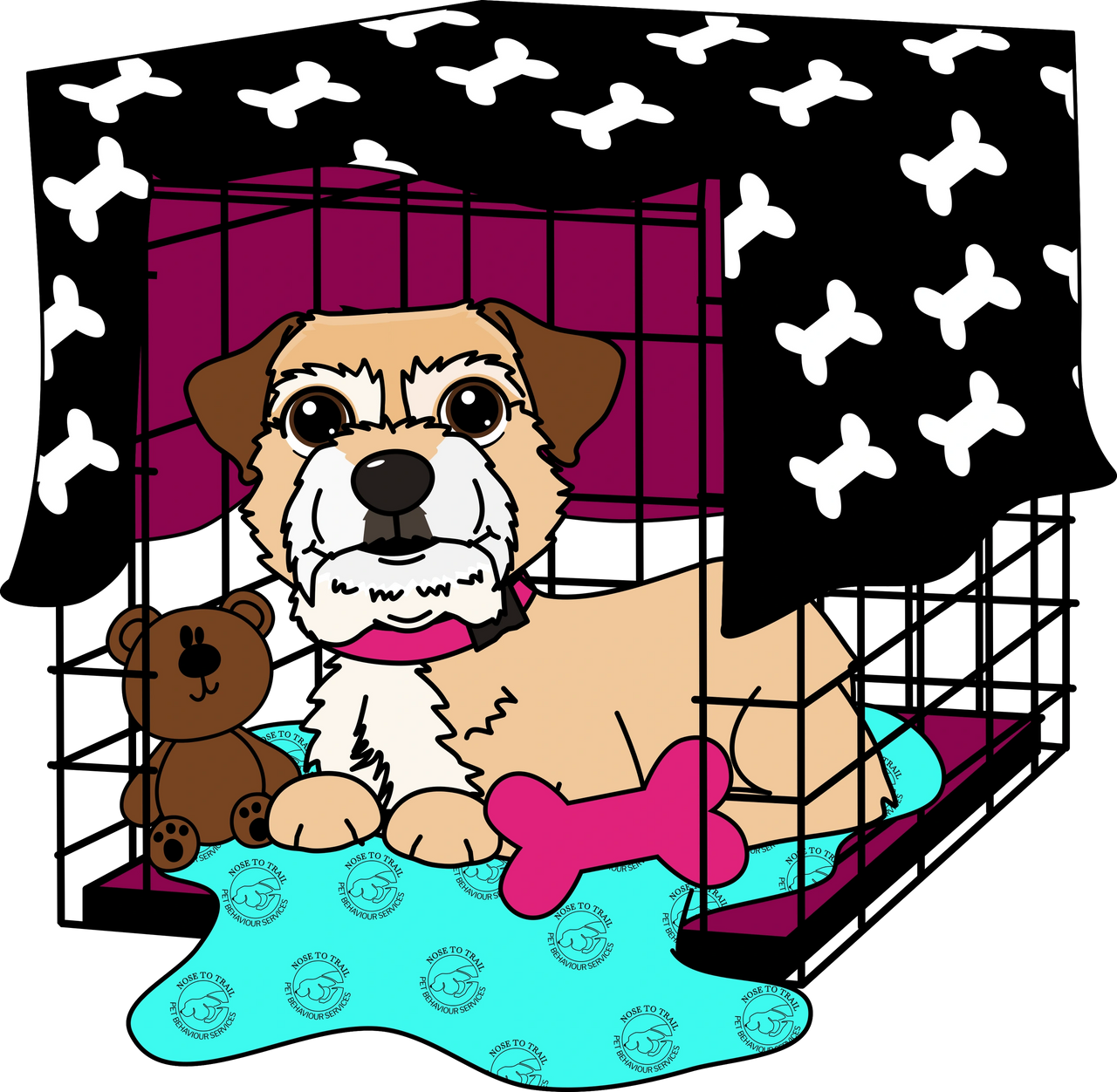 cartoon dog in a dog crate prepared for fireworks