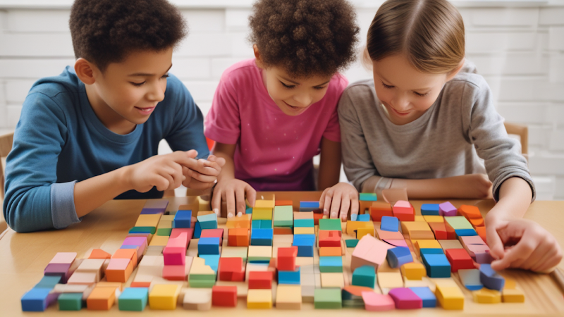 Children crafting a block puzzle