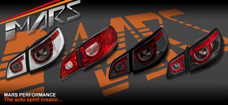 Mars Performance LED tail lights lineup for Holden Commodore VF featuring smoked, red, and clear lens designs.