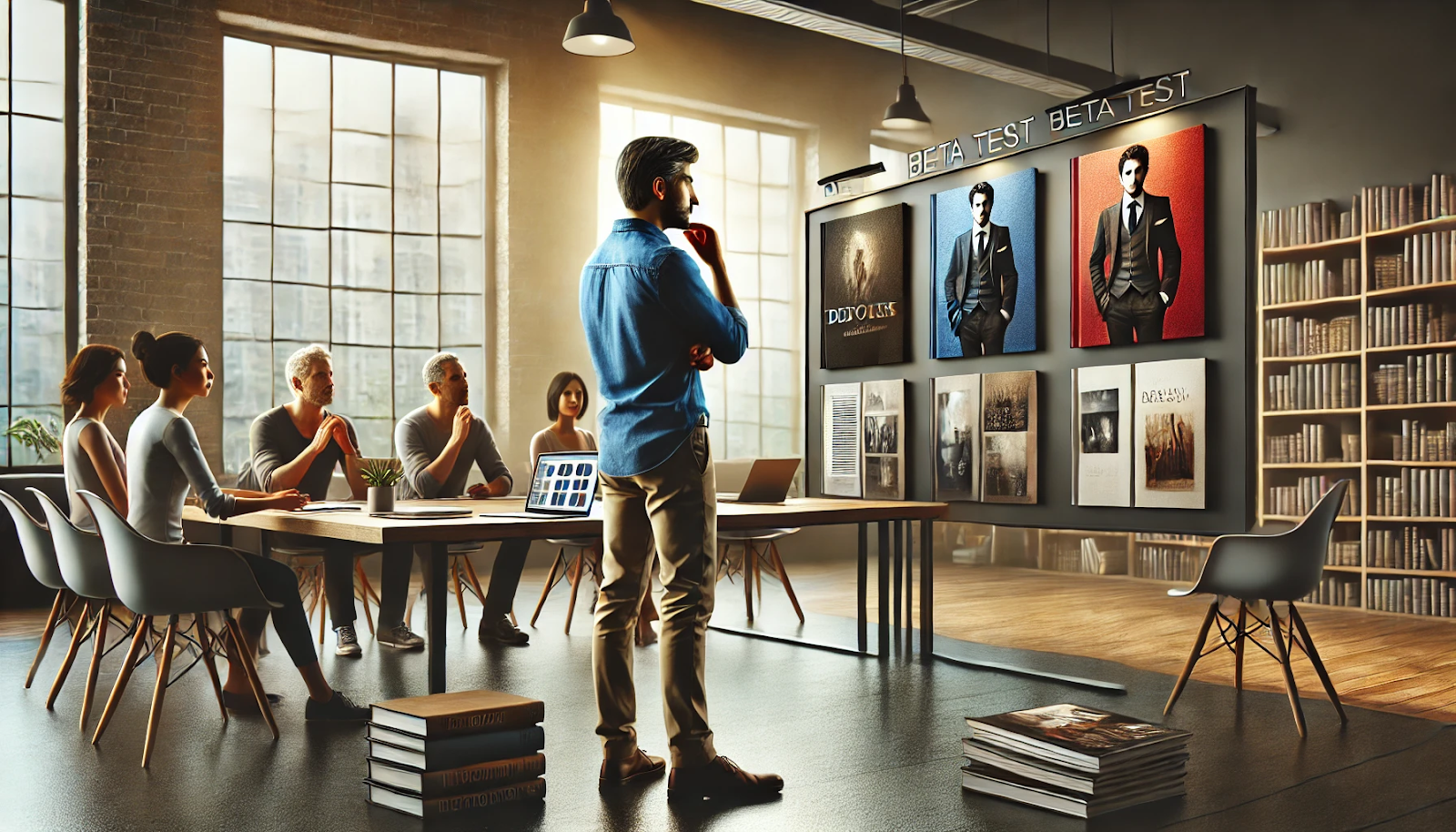 A team conducts a beta test for book covers in a modern, well-lit workspace. A man stands thoughtfully before a display of book cover variations, while colleagues at a table analyze options using laptops and printed materials. Bookshelves and large windows create a professional atmosphere.