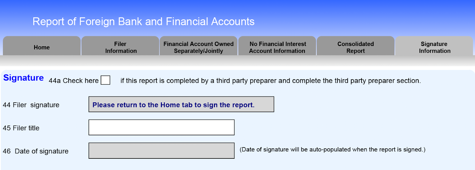 A screenshot of the "Signature" section at the end of the FBAR.