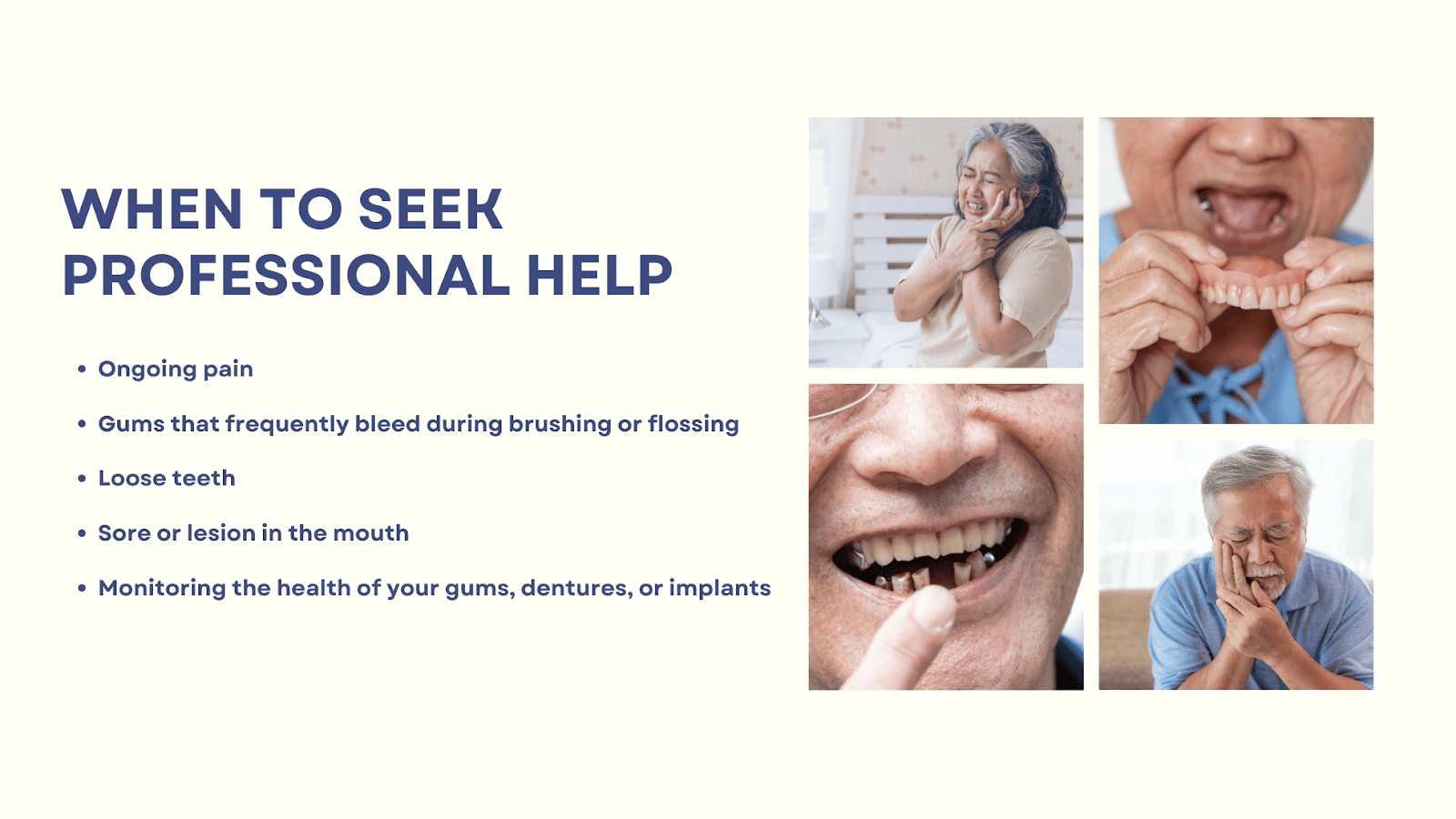 This is an infographic detailing when seniors should seek oral health help