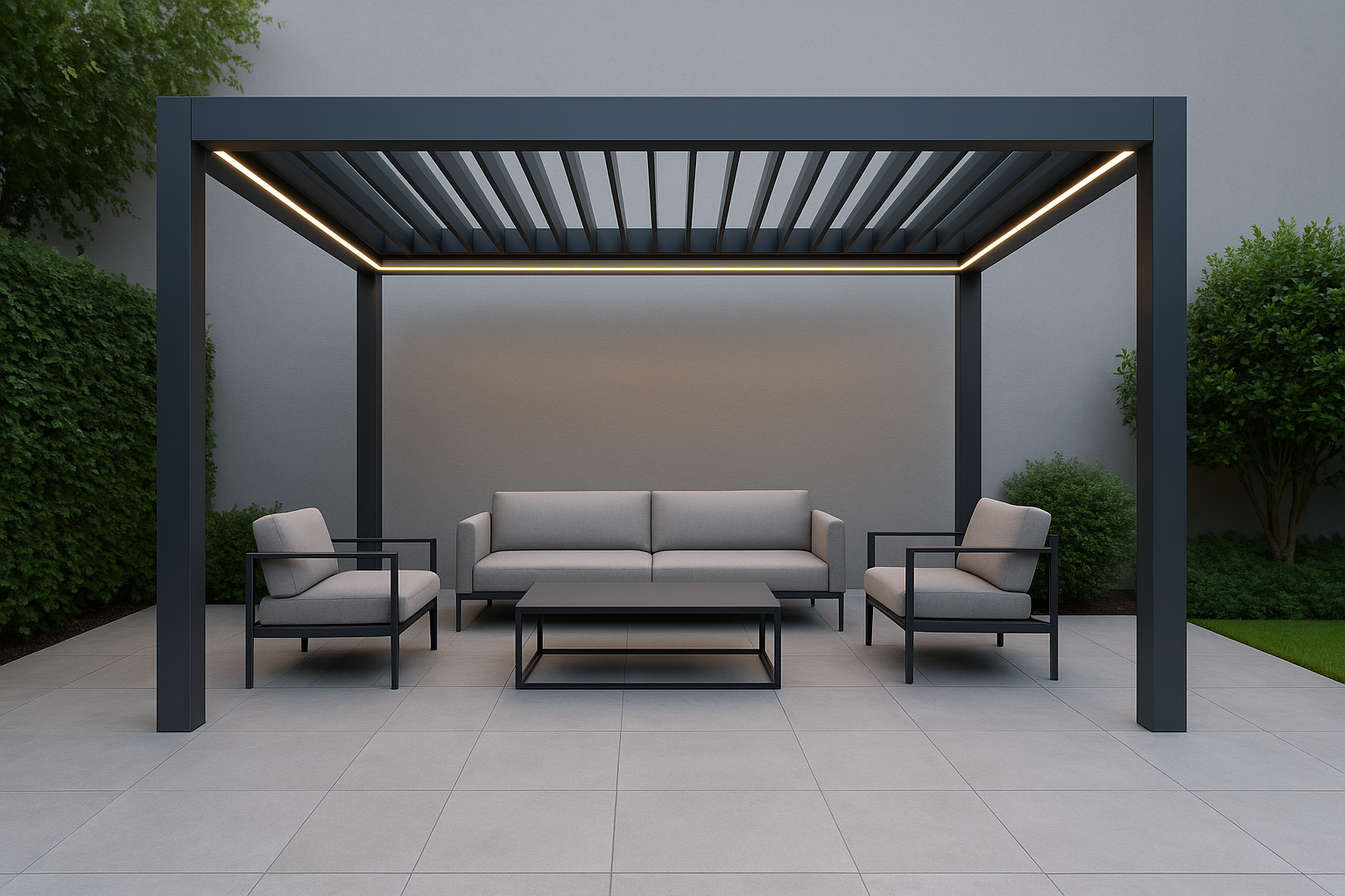 Modern aluminum pergola with clean lines and LED lighting in a minimalist backyard setting.