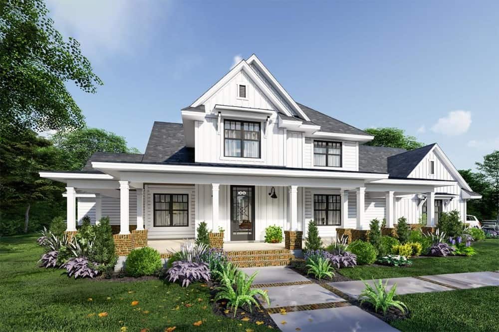 Front-left rendering of the two-story 4-bedroom modern farmhouse.
