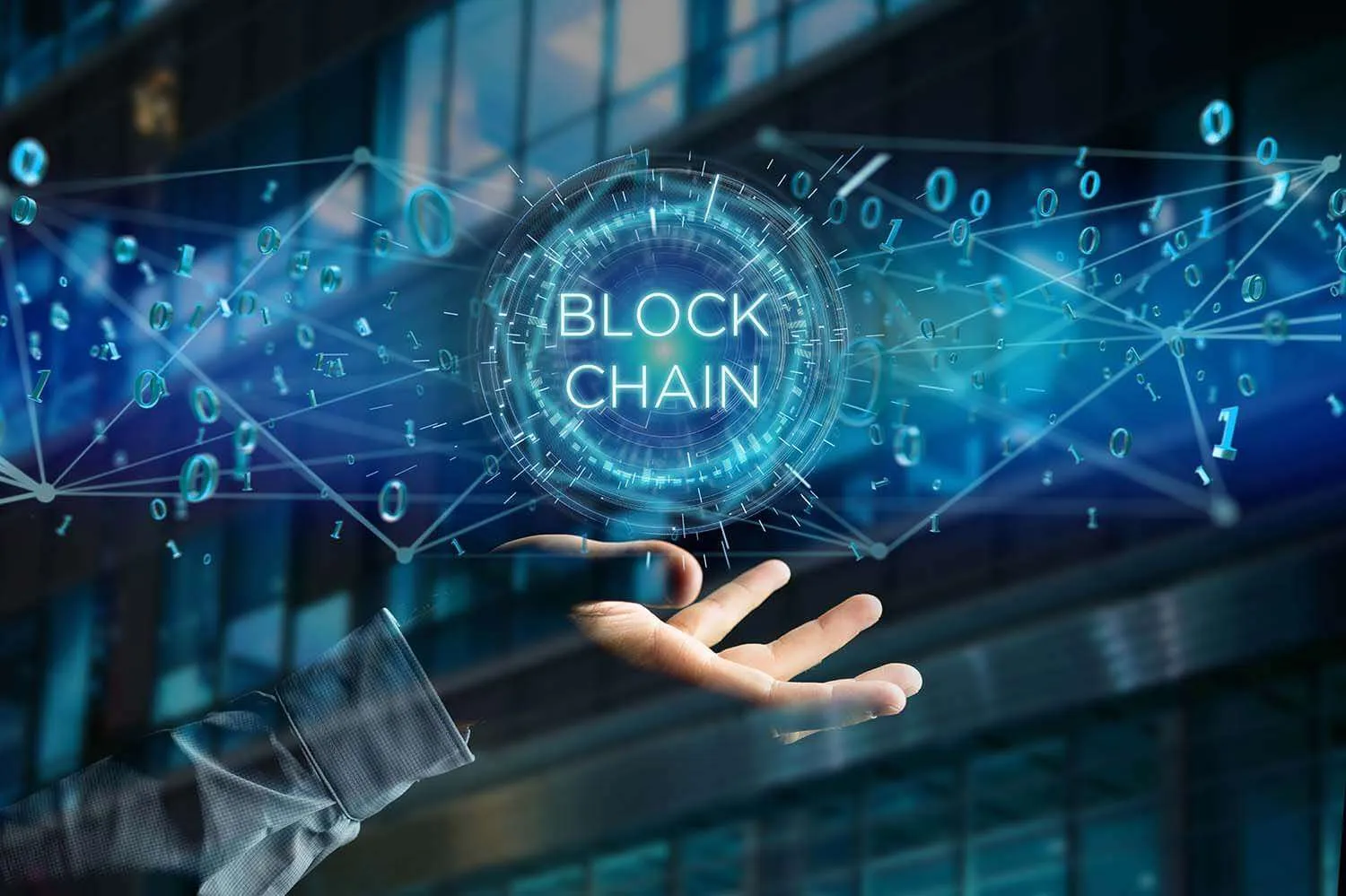 blockchain concept hanging over a hand