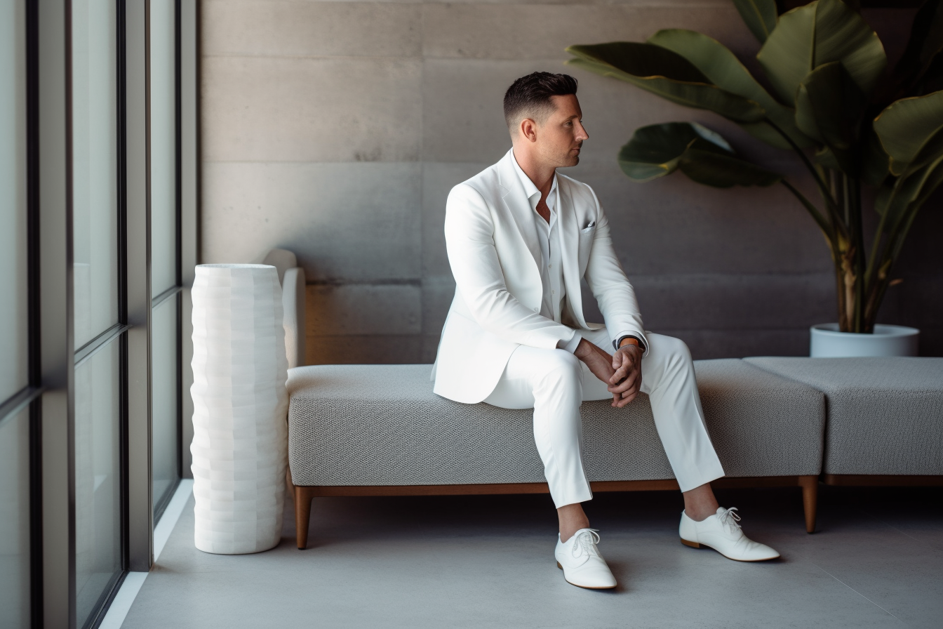 
A groom in a modern all-white suit, exuding a fresh and clean look in a sleek, contemporary setting. The suit is sharply tailored, with a minimalist design that highlights its elegance. The groom’s polished shoes complement the outfit, creating a bold and refined appearance. The background is an elegant, understated wedding venue, emphasizing the simplicity and sophistication of the all-white suit