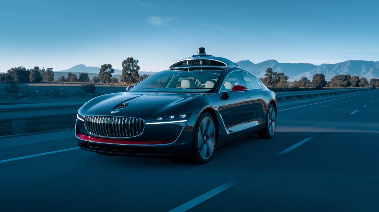 A sleek autonomous vehicle cruising on a highway, symbolizing the future of transportation.