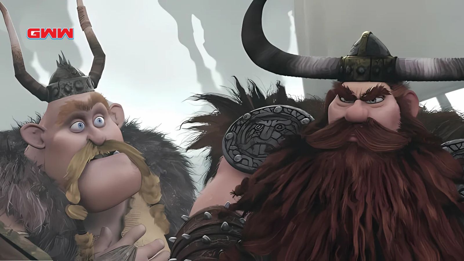 Stoick and Fishlegs in How to Train Your Dragon Animated Movie