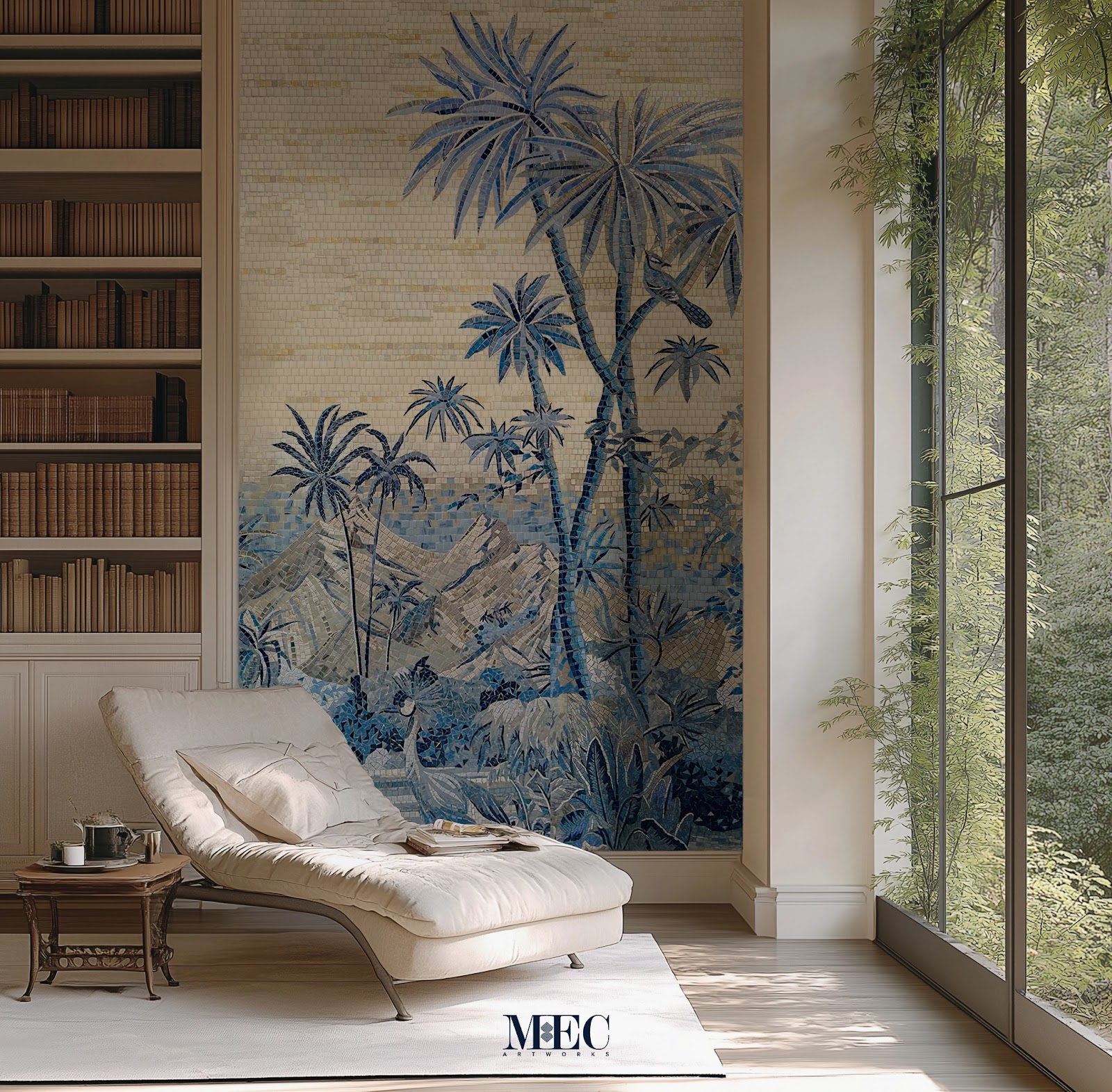 Blue tropical palm tree mosaic mural enhances tranquil reading nook with luxurious nature-inspired wall decor.