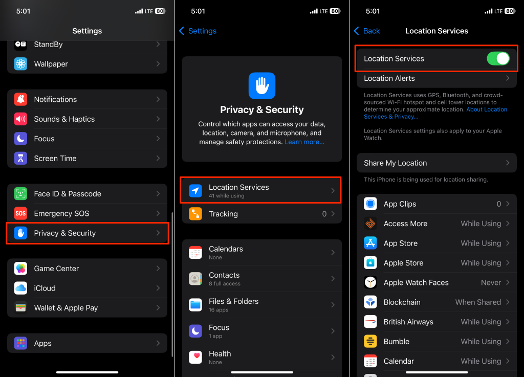 Steps to turn on Location Services on an iPhone