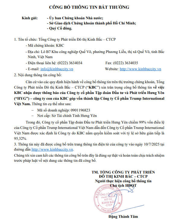 Văn bản số 1007/2025/KBC-CK về việc nhận được thông báo từ Công ty cổ phần Tập đoàn Đầu tư và Phát triển Hưng Yên (HYG) (Nguồn: KBC)