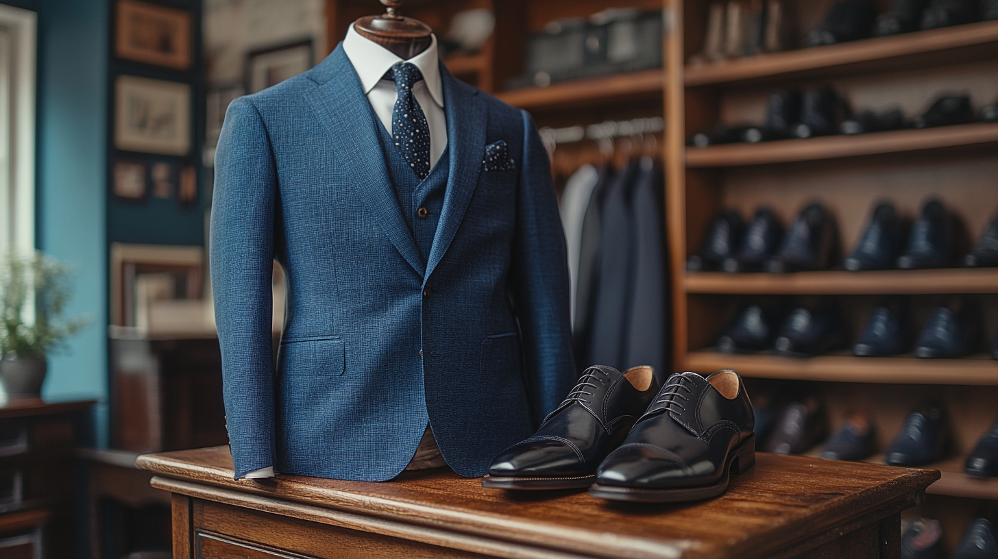 A neatly folded blue suit resting on a wooden surface, exuding elegance and sophistication. Beside the suit, a pair of polished black leather dress shoes is perfectly placed, creating a stylish and harmonious composition. The scene is softly lit with warm, natural light, highlighting the textures of the suit fabric and the glossy finish of the shoes. Minimalist and refined, the background is simple and uncluttered, focusing on the timeless appeal of the blue suit and black shoe combination.