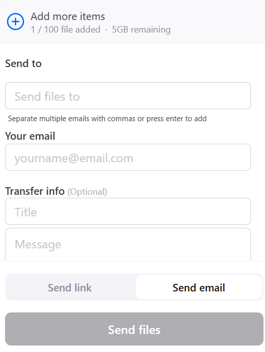 Internxt Send file sharing interface