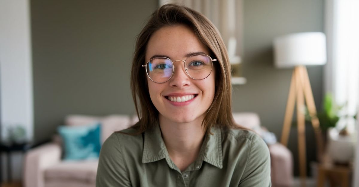 a woman wearing glasses smiling