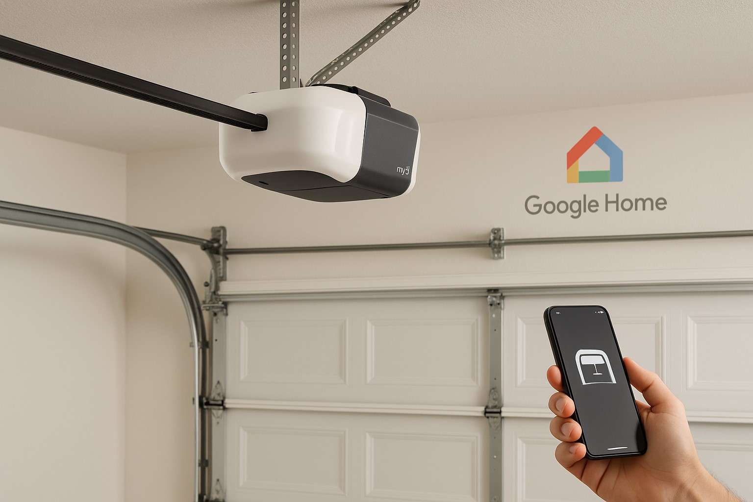 Smart garage door opener with phone app and Google Home integration.